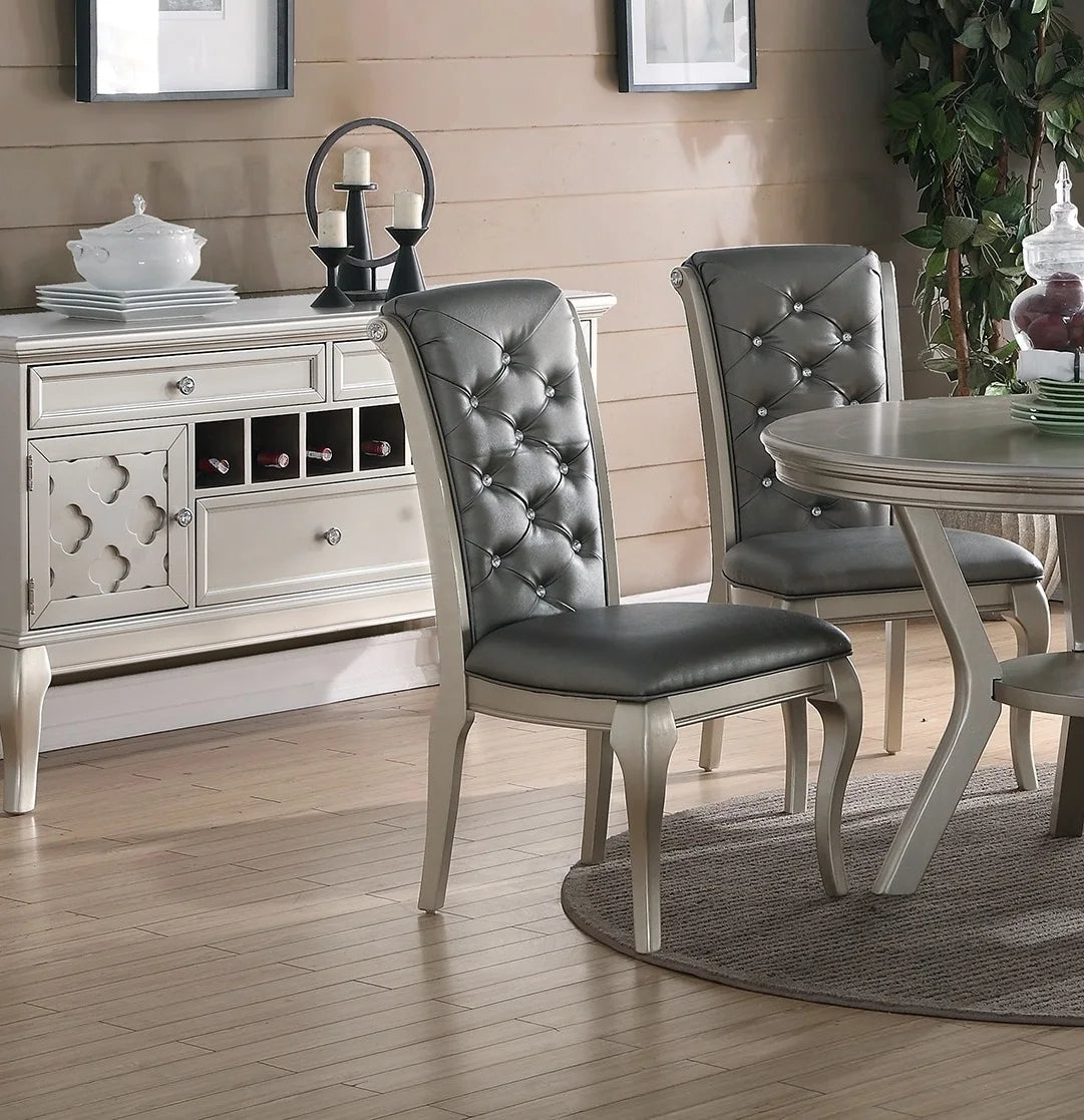 Silver Round Dining Set With Tufted Chairs And Shelf