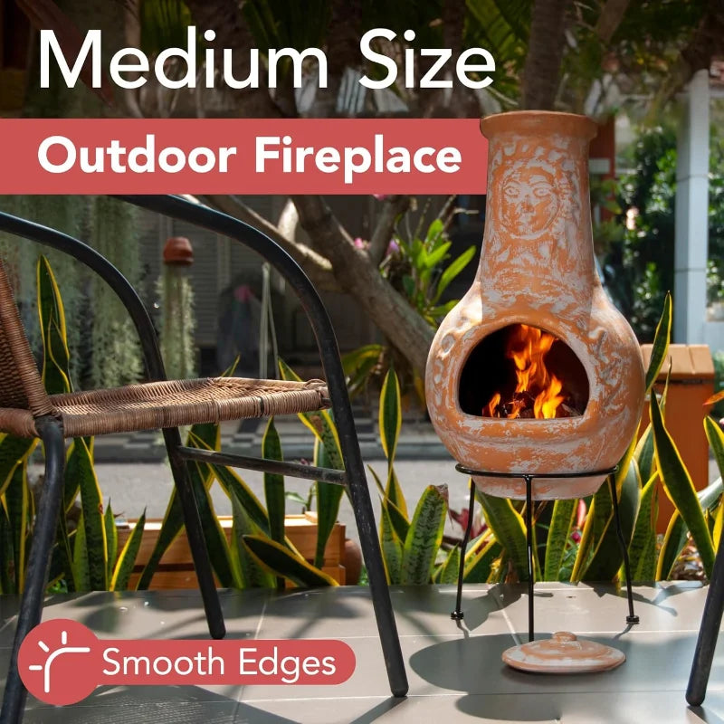 Medium Chiminea Outdoor Fireplace Clay Chimineas with Chimney Rain Lids and Solid Metal Stands - Yellow Terracotta Chimenea