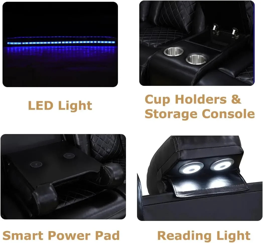 Hot salesPower Recliner Sofa Set, Black Leather 3 Pieces Sectional Couch, Living Room Furniture Sets with LED Light, Modern Powe