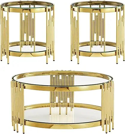 3 Piece Glass Coffee Table Set With Round Stainless Steel