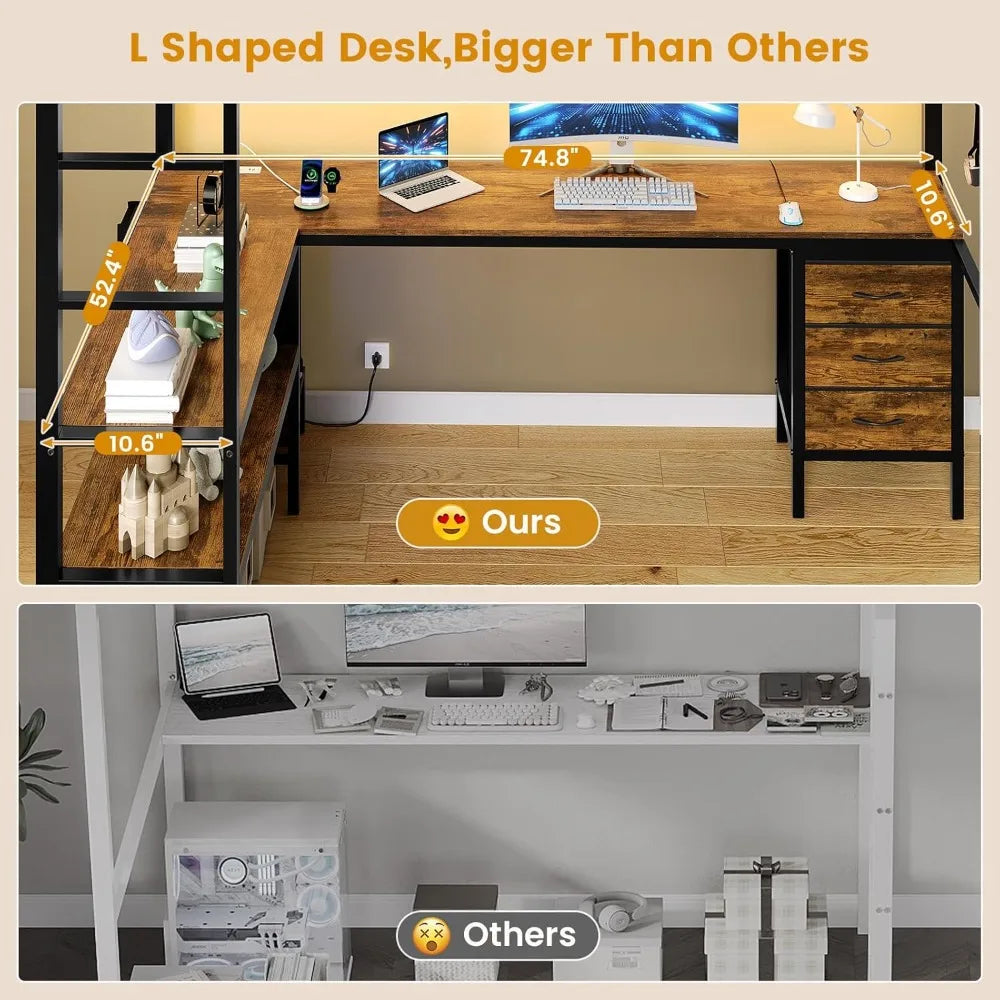 Full Size Loft Bed With L Shaped Desk RGB Lights Storage Drawers Shelves