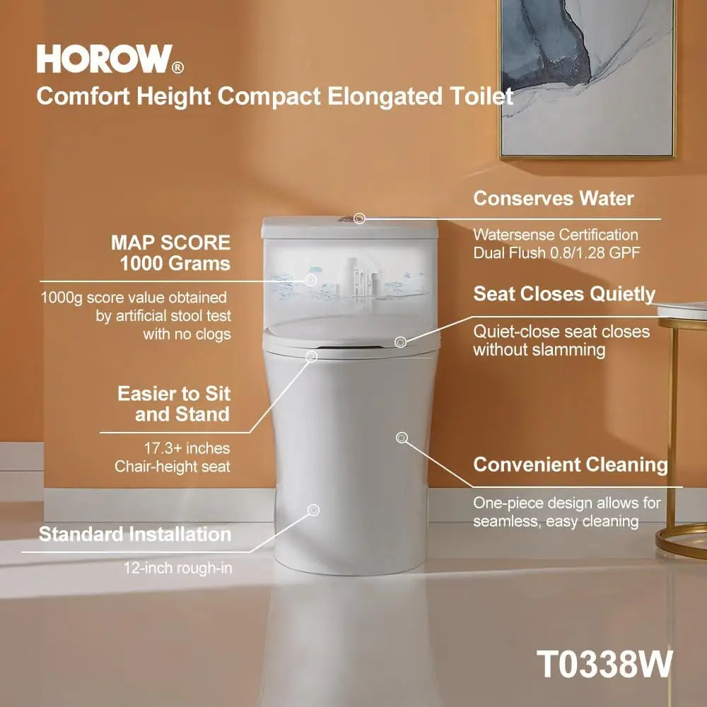 T0338W Compact One Piece Toilet with Comfort Chair Seat ADA Height 17.3", Elongated Dual Flush 0.8/1.28 GPF and MAP 1000g