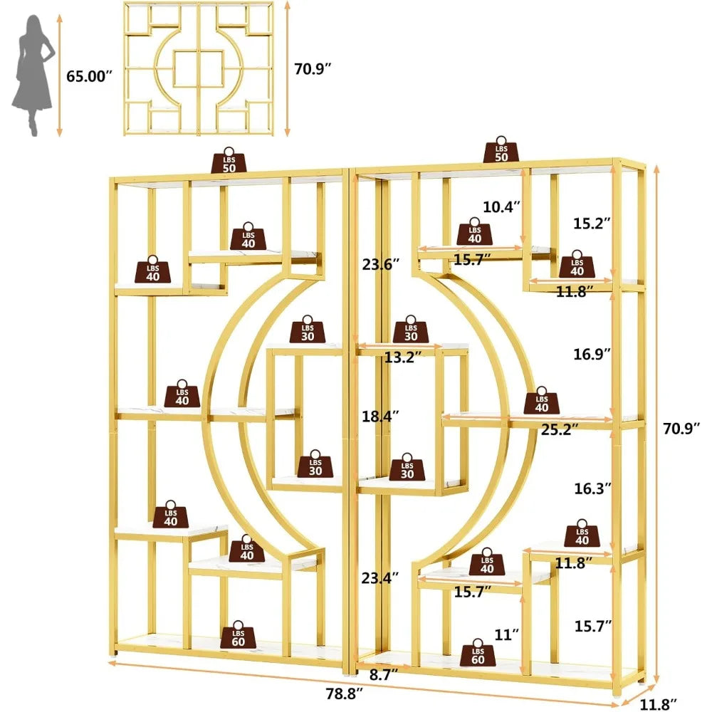 White And Gold Two Piece Bookshelf Set With Metal Frame