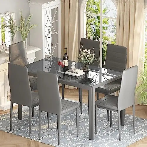 7 Piece Dining Set For Six With Glass Table Chairs
