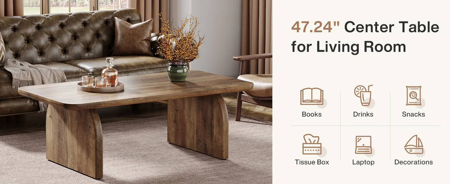 Rectangular Wood Coffee Table Farmhouse Low Profile Sturdy Base
