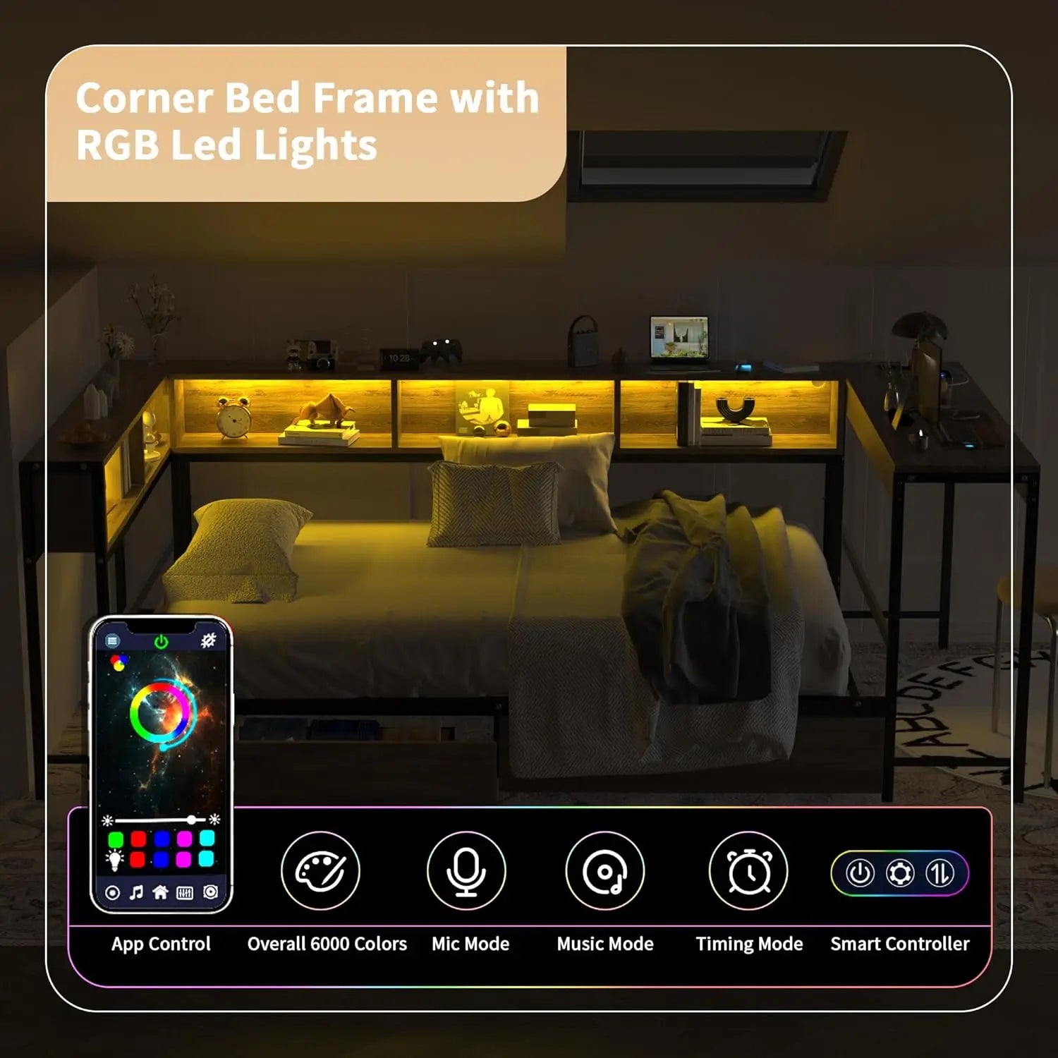 Corner Bed Frame With Storage Bookcase And LED Charging Station Metal Platform Twin Daybed With Drawers