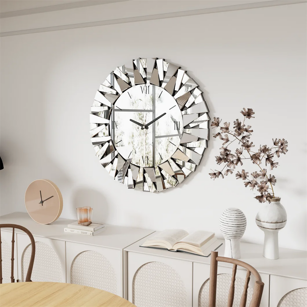 Large 3D Mirrored Sunburst Wall Clock With Roman Numerals Decor