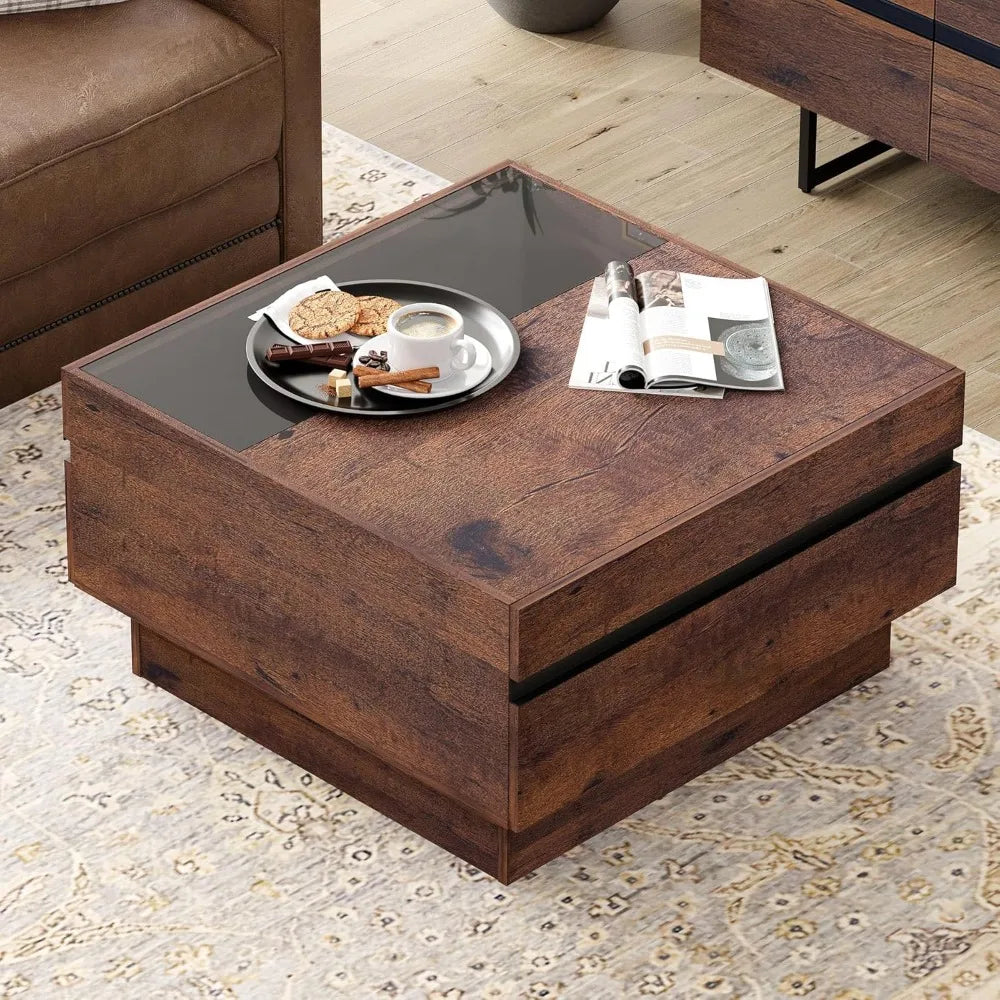 Modern Coffee Table, Square Living Room Coffee Table with Tempered Glass Top and Two Large Storage Drawers, 31.5"x 31.5", Brown