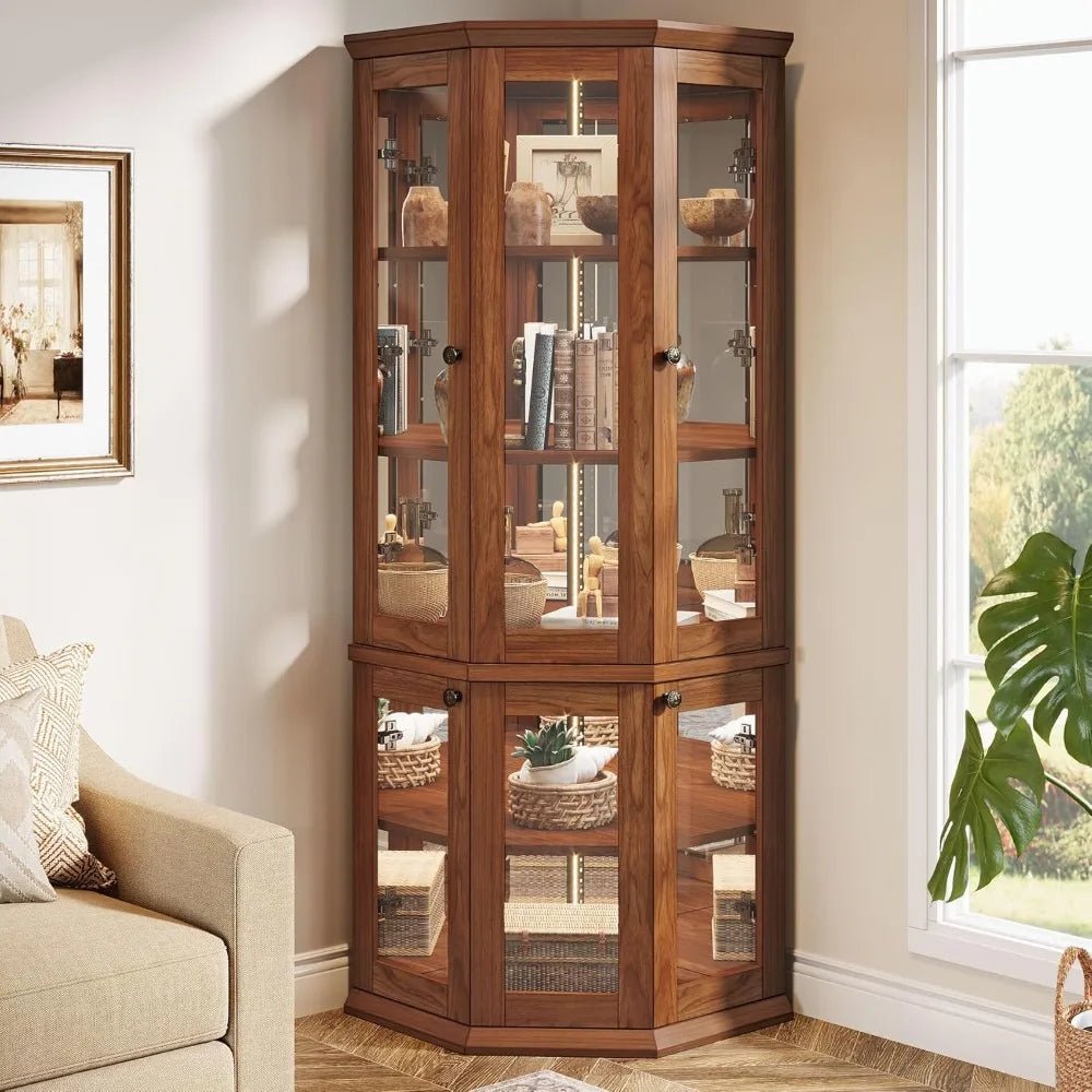 Corner Storage Cabinet, 71" Tall Corner Cabinet with Doors & LED Lights, 5-Tier Mid-Century Display Shelf for Living Room, Kitc
