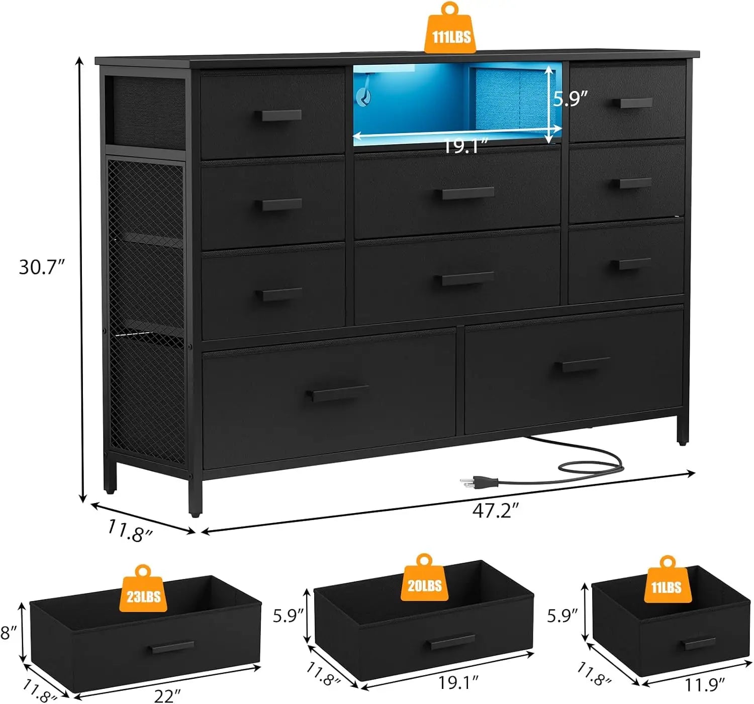 Black Dresser With Charging Station And LED Light TV Stand