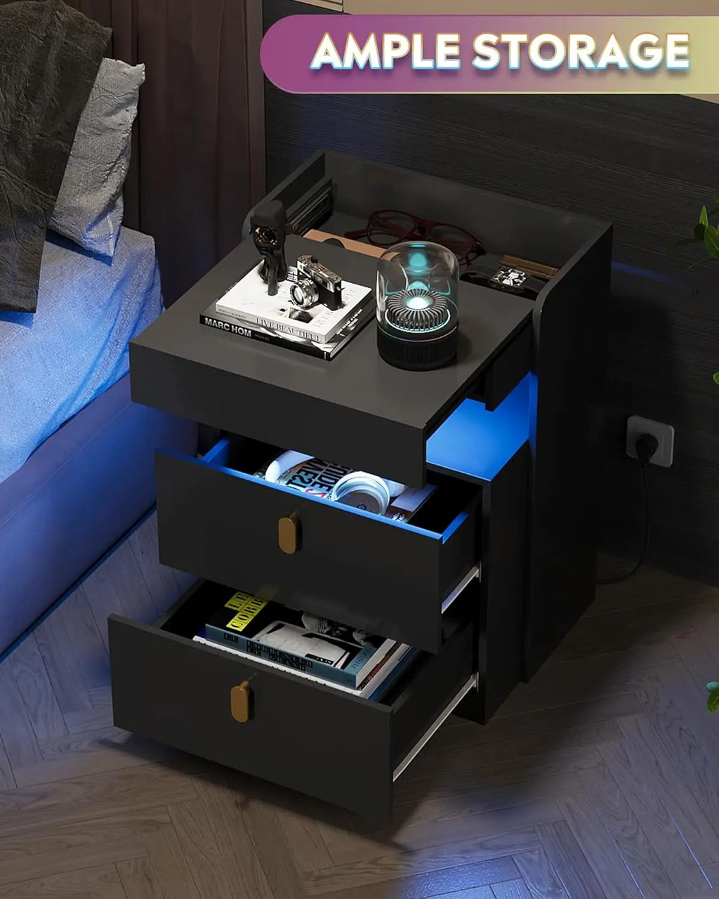 NEW Nighstand Set of 2 , LED Night Stands Sets , Bedside Tables , End Table for Bedroom, Living Room, Black