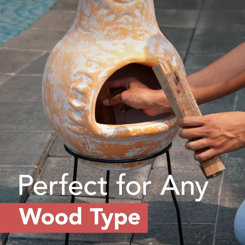 Medium Chiminea Outdoor Fireplace Clay Chimineas with Chimney Rain Lids and Solid Metal Stands - Yellow Terracotta Chimenea