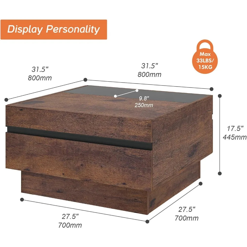 Modern Coffee Table, Square Living Room Coffee Table with Tempered Glass Top and Two Large Storage Drawers, 31.5"x 31.5", Brown