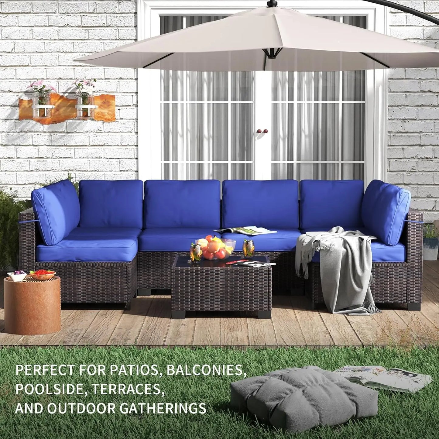 Seven Piece Modular Outdoor Furniture Set With PE Rattan Wicker