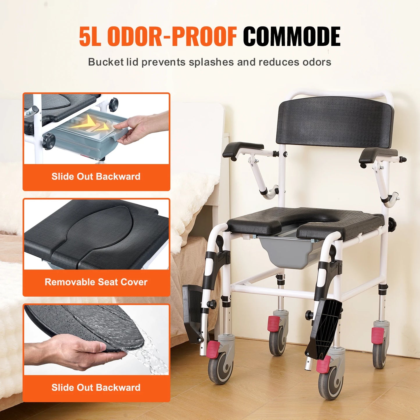 SucceBuy Shower Commode Wheelchair with 4 Lockable Wheels Footrests Flip-up Arms 3-Level Adjustable Height 5L Removable Bucket