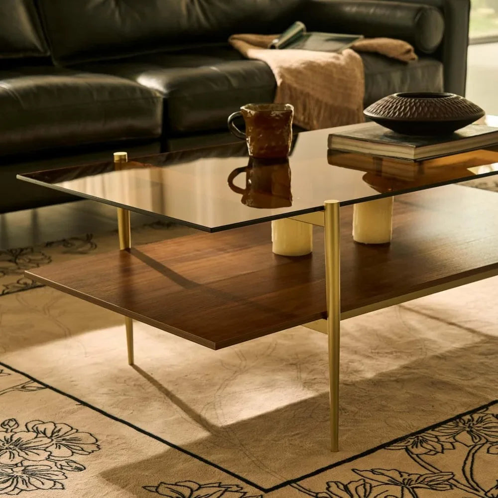 Mid Century Modern Large Glass Coffee Table With Gold Legs
