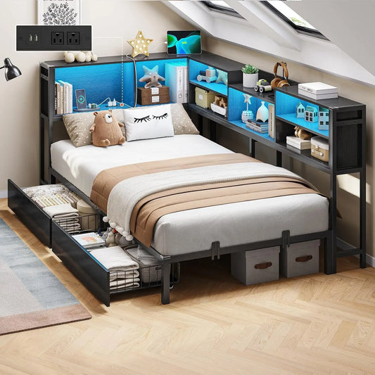 Full Size Metal Platform Bed Frame With Bookcase Led Lights