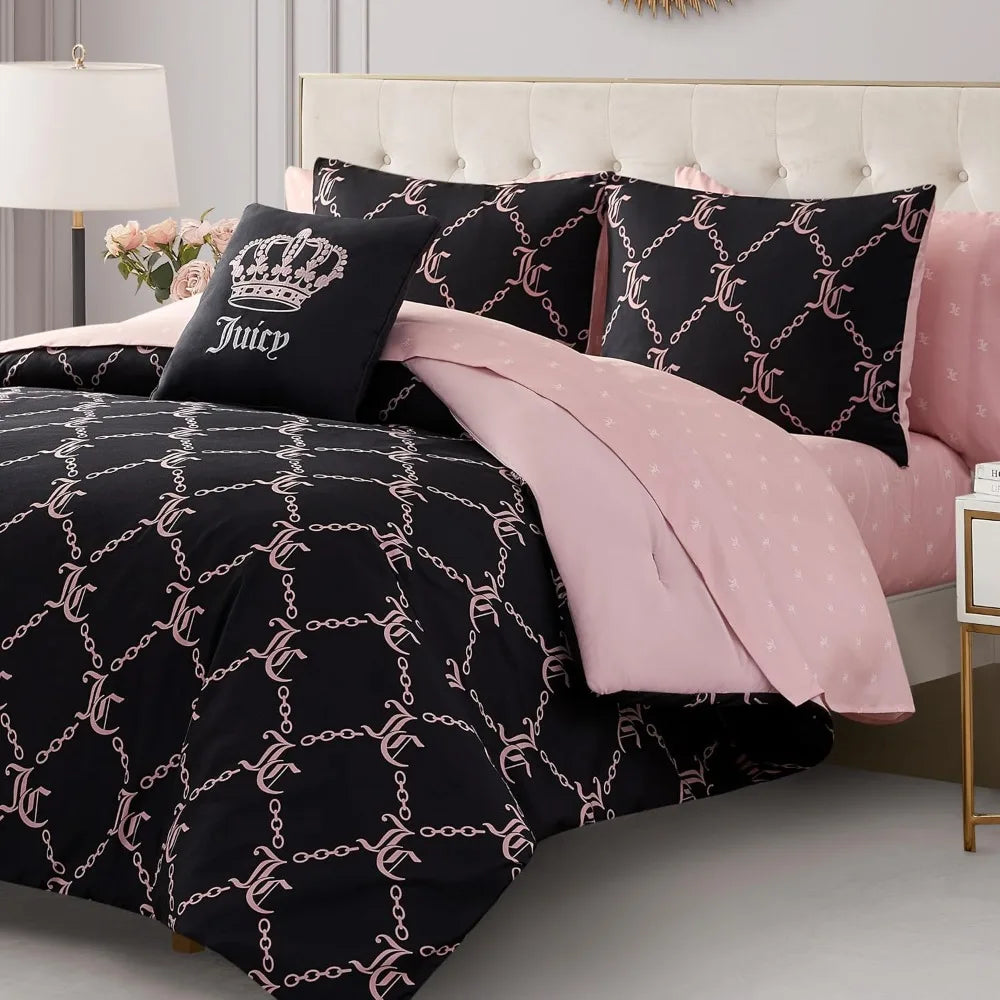 Black Link Logo Printed Comforter Set, Queen – Complete 8-Piece Bed in a Bag Collection