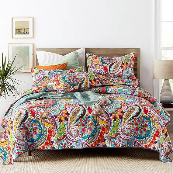 Colorful Cotton Boho Paisley Quilt Set, 3-Piece Lightweight King Size Bedding with Pillows