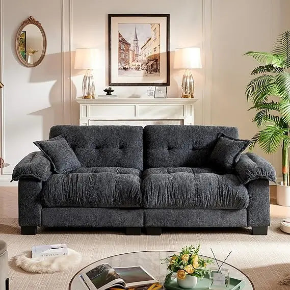 Luxury Chenille Fabric Cloud Couch Sofa, Comfortable Living Room Furniture, Wide Armrests Black Sofa for Apartments
