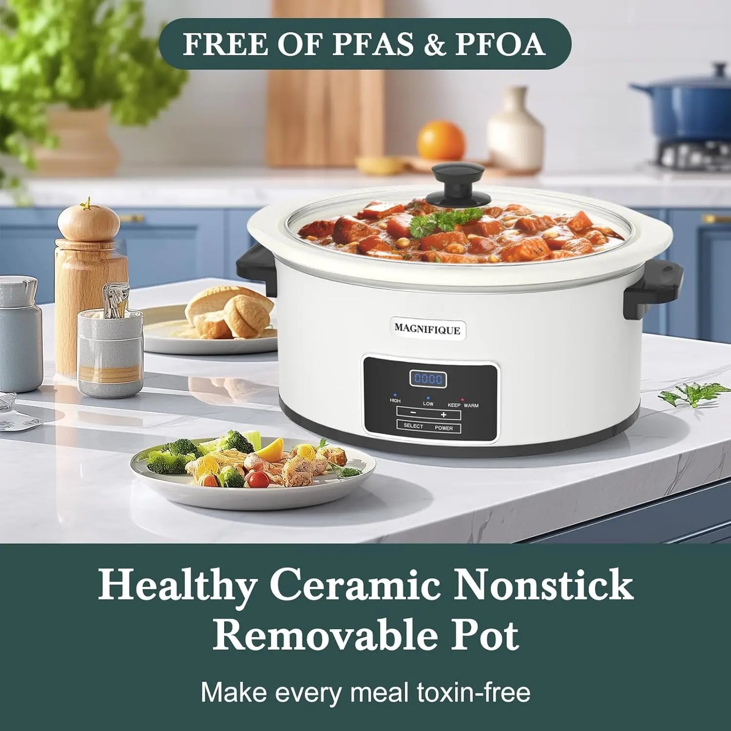 MAGNIFIQUE 7-Quart Programmable Slow Cooker with Timer Keep Warm - Small Kitchen Appliance for Family Dinners - Serves 6+ People