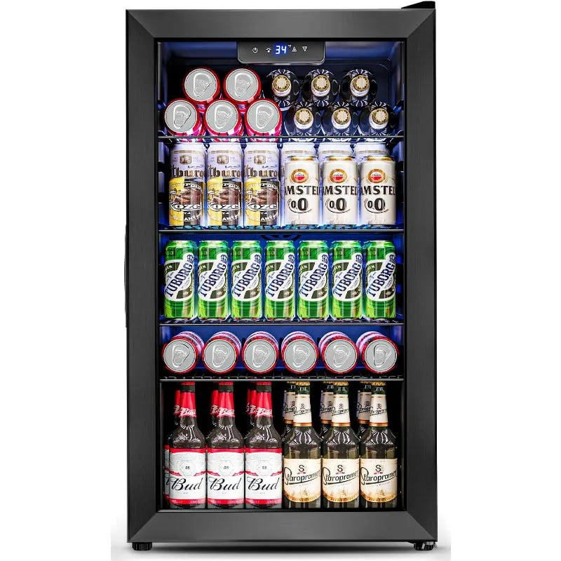3.2 Cu.Ft Mini Fridge with Glass Door - 126 Can Beverage Refrigerator Cooler for Drink Beer Wine Soda,4 Adjustable Shelves,Black