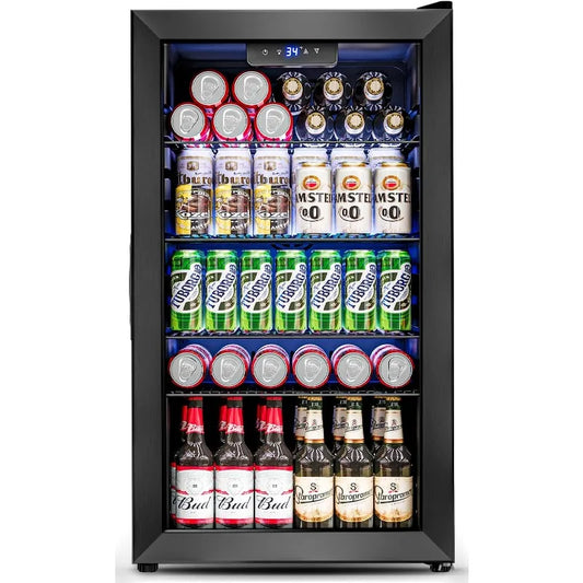 3.2 Cu.Ft Mini Fridge with Glass Door - 126 Can Beverage Refrigerator Cooler for Drink Beer Wine Soda,4 Adjustable Shelves,Black