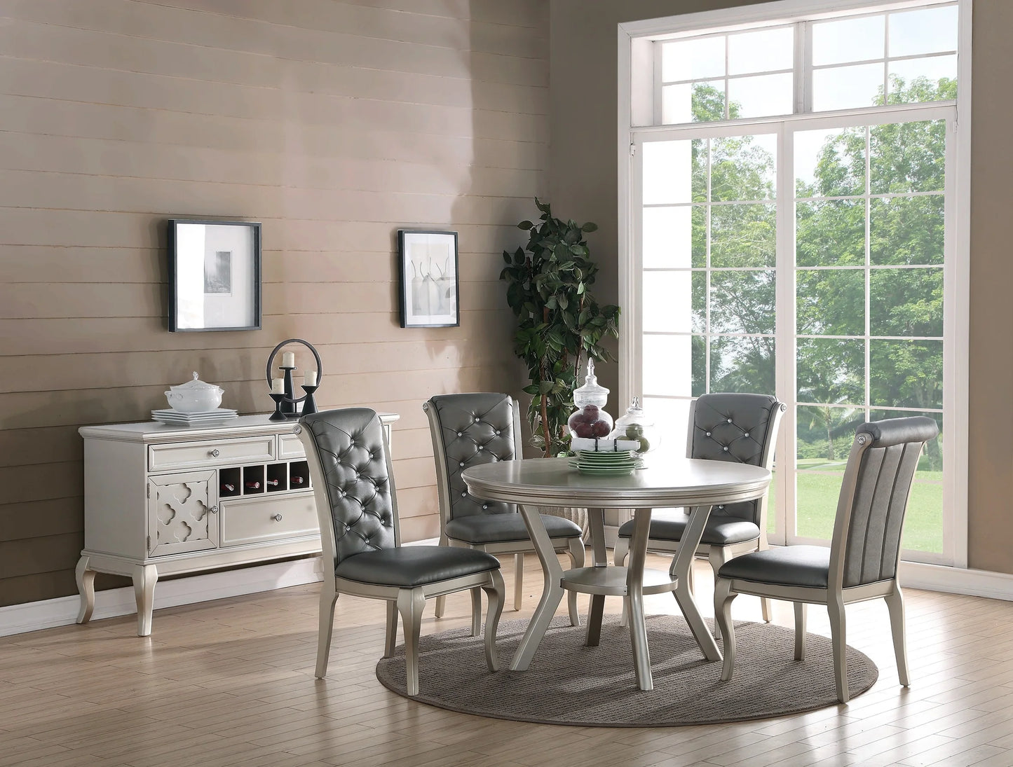 Silver Round Dining Set With Tufted Chairs And Shelf