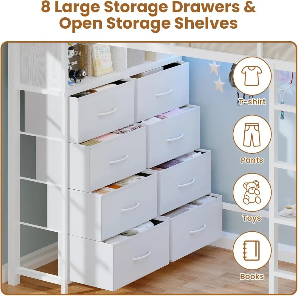 White Metal Twin Loft Bed With Desk And Storage Drawers