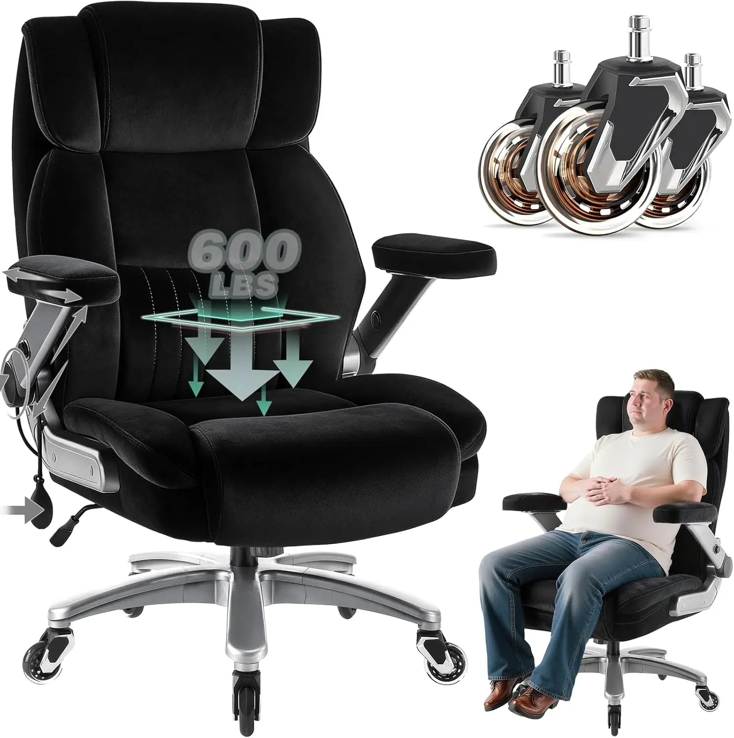 600LBS Big Tall Fabric Executive Office Chair 5D Flip Arms
