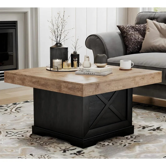 Rustic Dark Oak Coffee Table with X-Frame Pedestal for Living Room and Home Office
