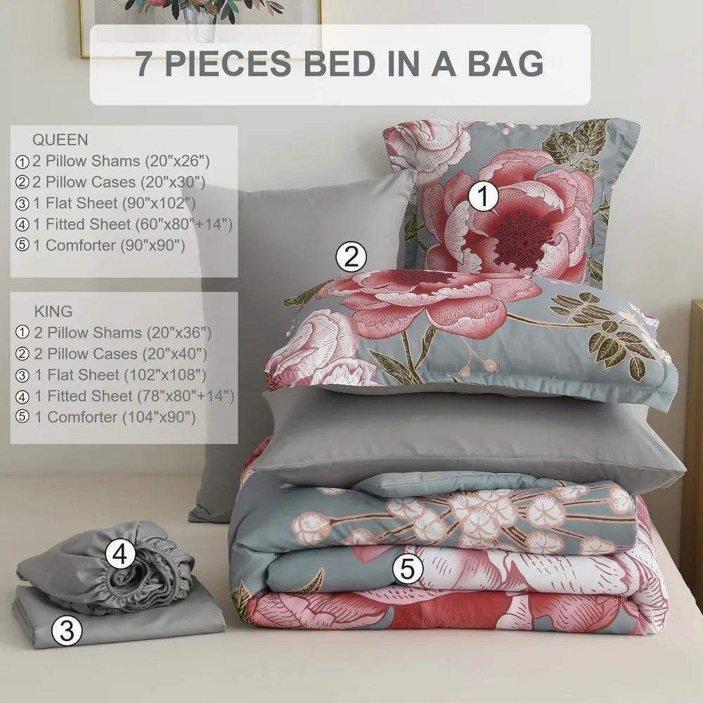Floral Comforter Set Pink Gray King Size Bed In Bag