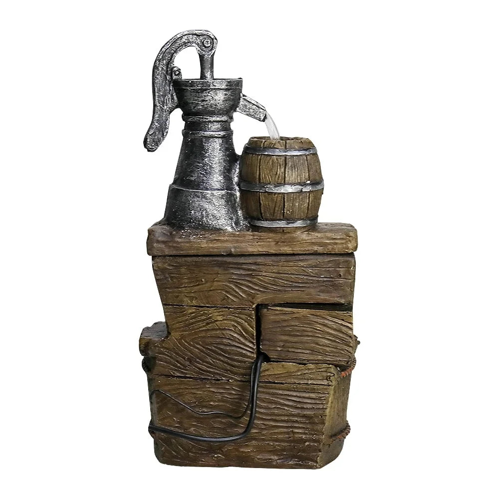 Rustic Barrel Five Tier Outdoor Fountain With LED Lights