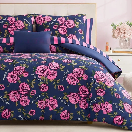 Rose Logo Queen Comforter Set Navy Pink 8 Piece Bedding