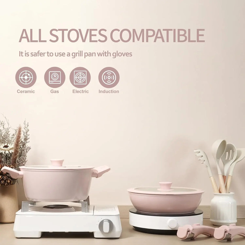 23Pcs Pink Ceramic Pots And Pans Set Nonstick Removable Handle