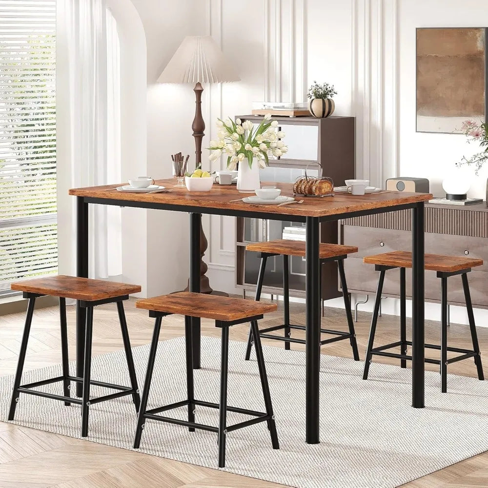 4 Person Dining Table Set With Metal Frame And Wooden Top For Small Spaces