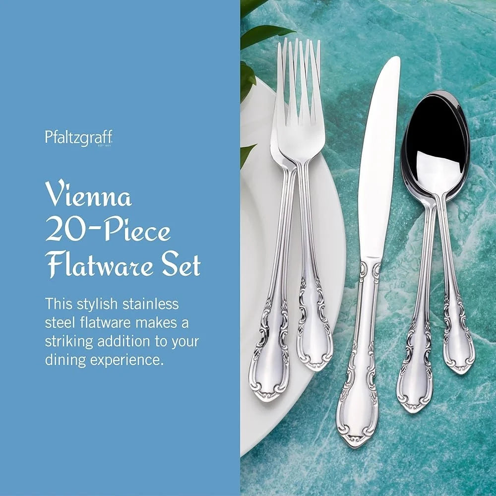 Vienna 20 Piece Flatware Set Service 4 Stainless Steel Silverware Elegant Dining Tableware Dishwasher Safe