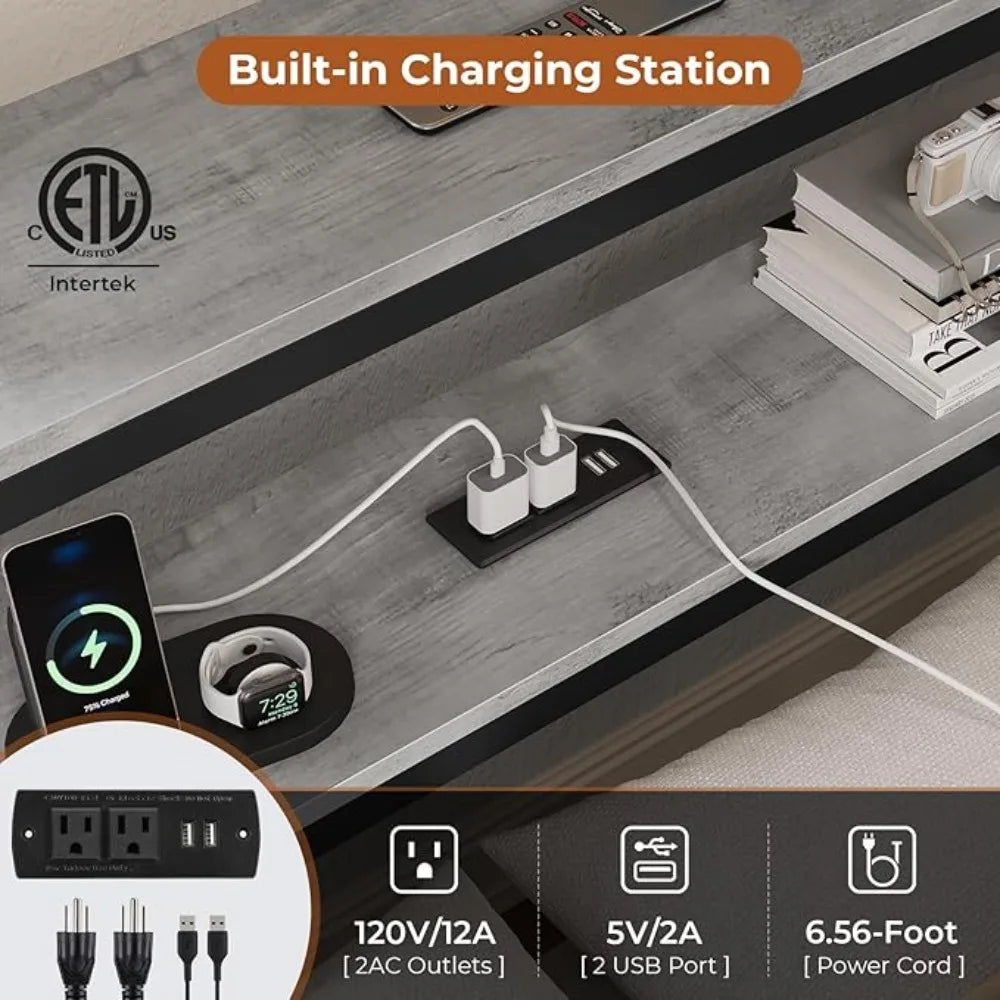 Full Corner Bed Frame with 2 Drawers and Hidden Storage Full Size Daybed with Charging Station and Storage Open Shelves Metal