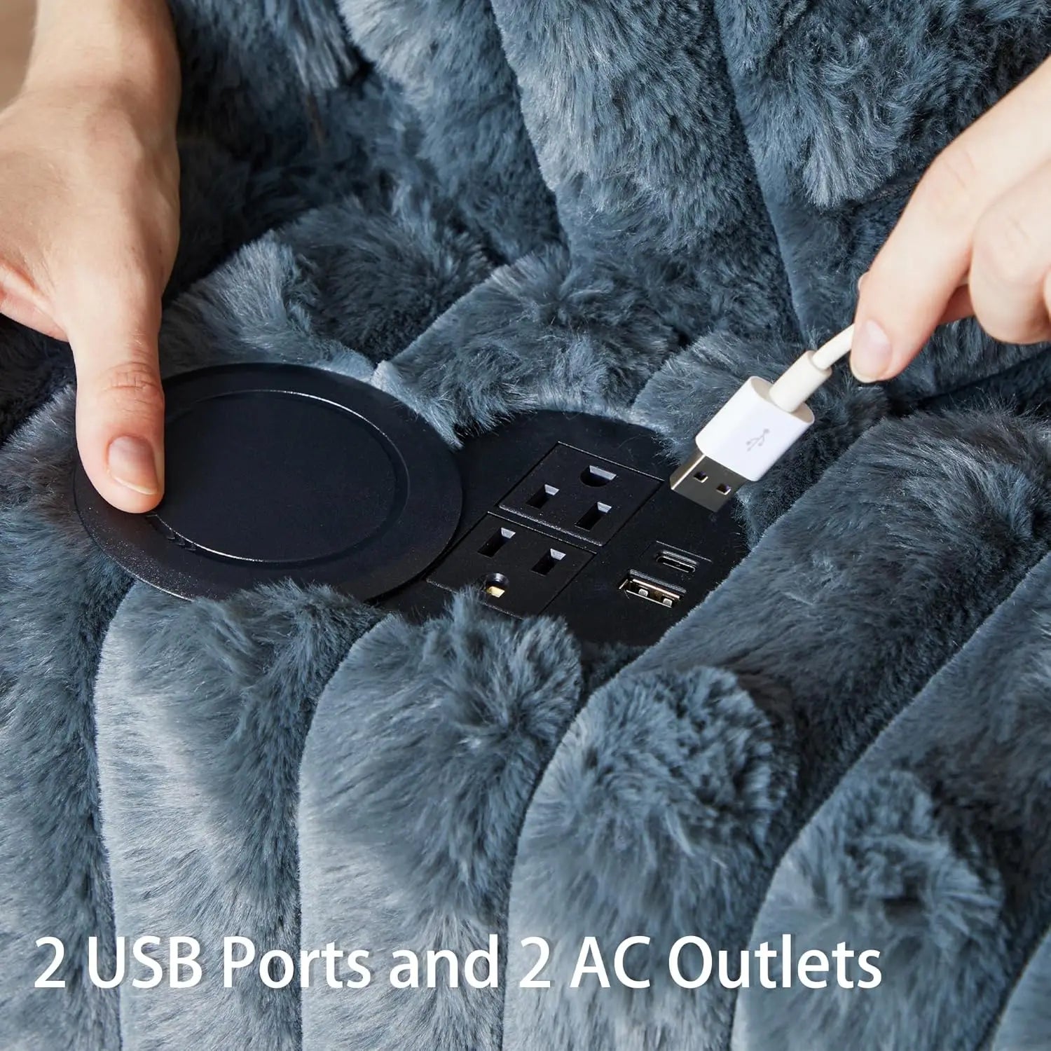 63Inch Plush Faux Rabbit Fur Chaise Loveseat With Charging Station