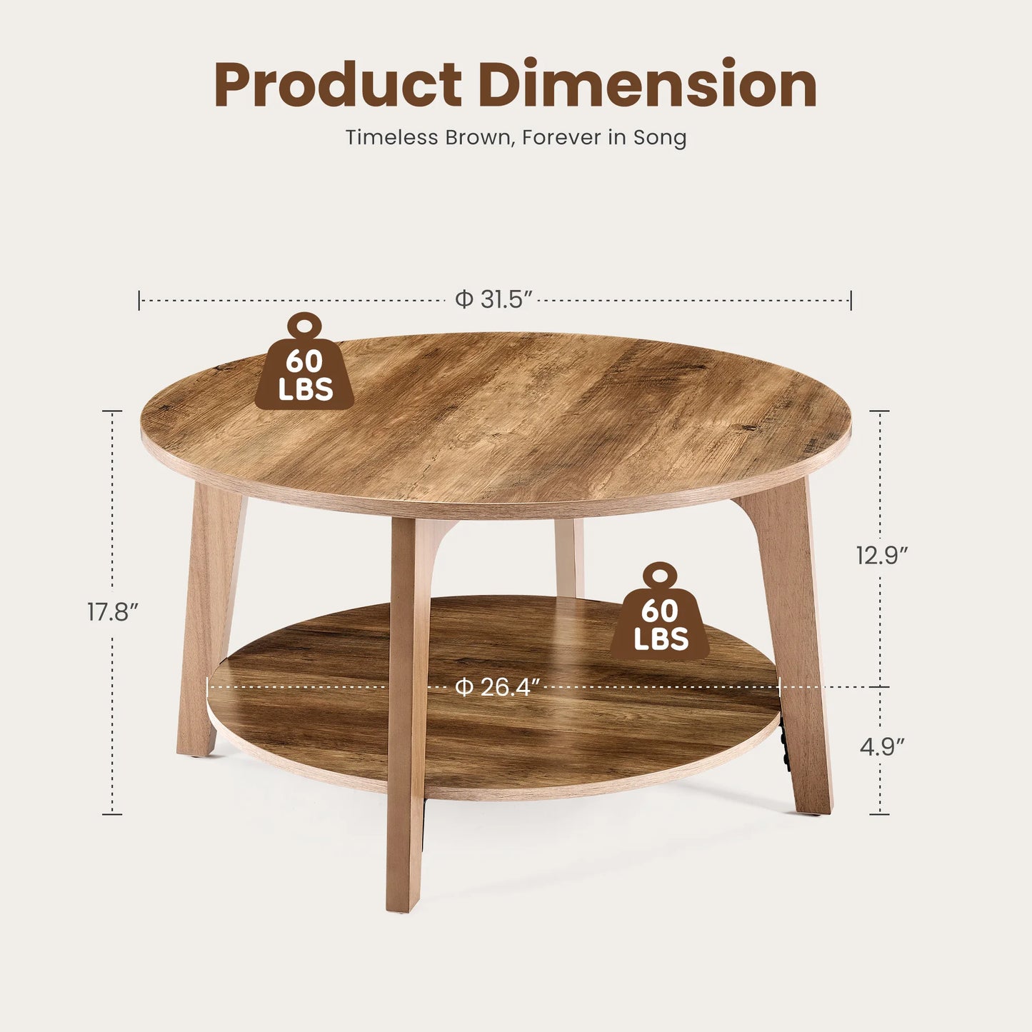 JHK 32 Inch Round Wood Coffee Table With Hidden Storage