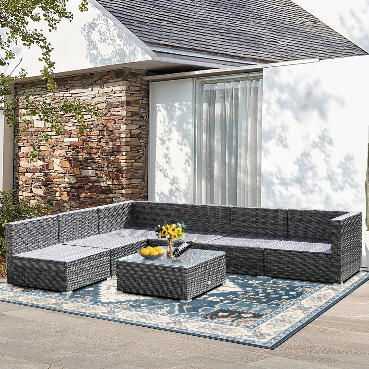 7PCS Patio Rattan Furniture Set Sectional Sofa Cushioned Garden Black