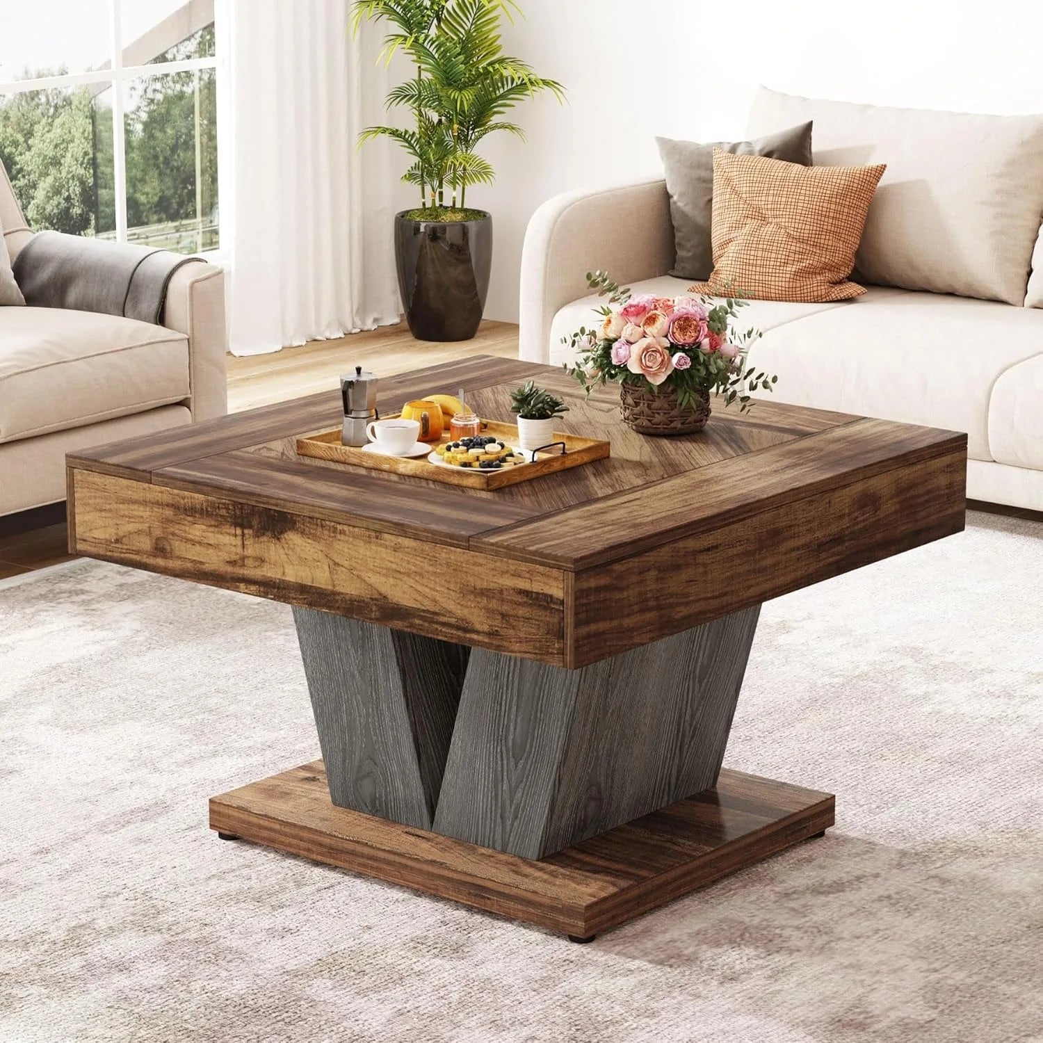 Little Tree Rustic Brown Square Coffee Table For Living Room