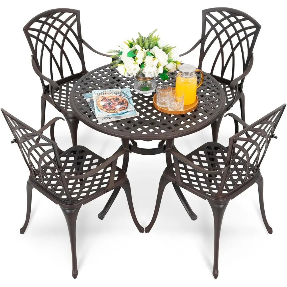 5 Piece Outdoor Patio Dining Set, All-Weather Round Cast Aluminum Dining Table with 1.97" Umbrella Hole and Outdoor Patio Dinin