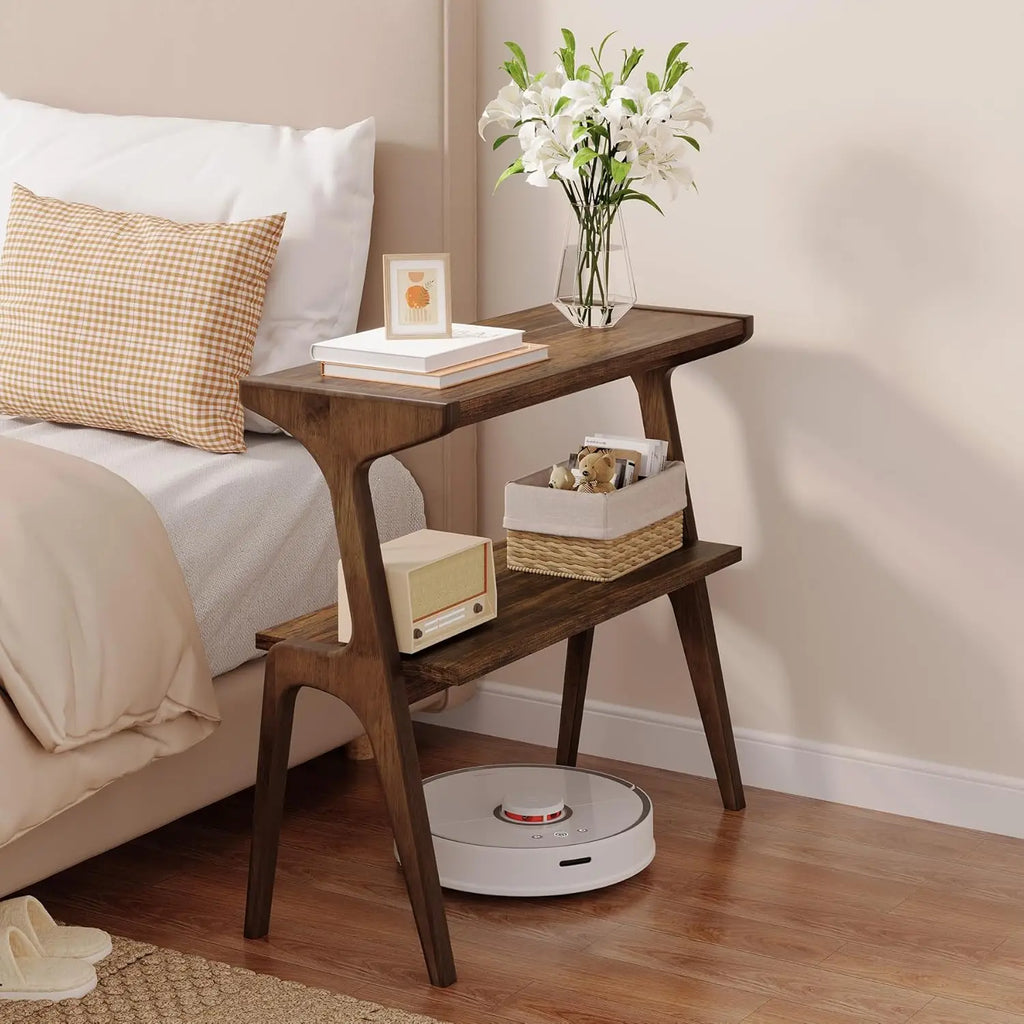 Solid Wood End Table Two Tier Storage Shelf Living Room