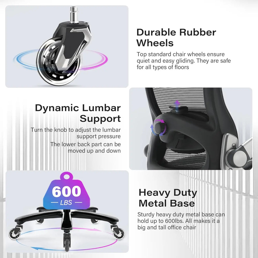 600 LB Big and Tall Office Chair with 3D Flip Arms Large Wheels Extra Wide Seat