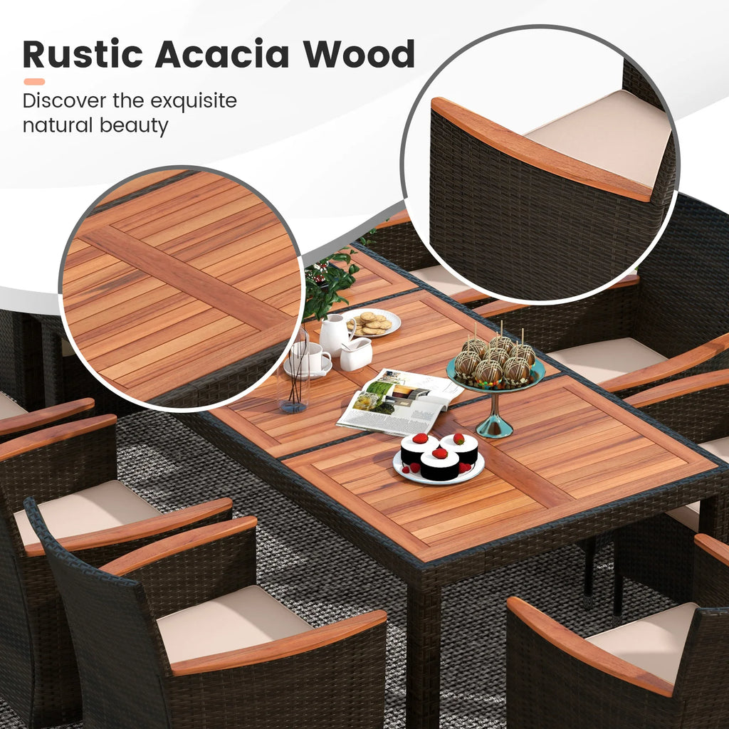 9PCS Patio Wicker Dining Set Acacia Wood Table Top Umbrella Hole Cushions Chairs