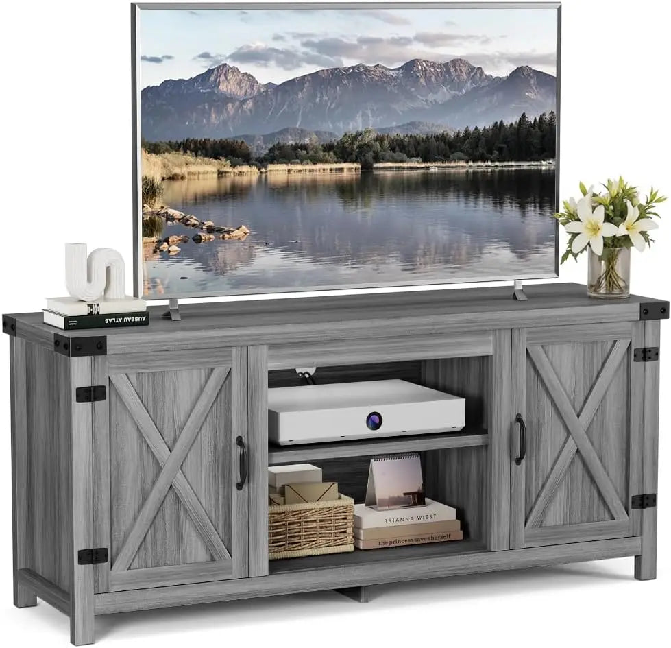 Modern Farmhouse TV Stand with Two Barn Doors and Storage Cabinets,Living Room Furniture,Entertainment Center Console Table