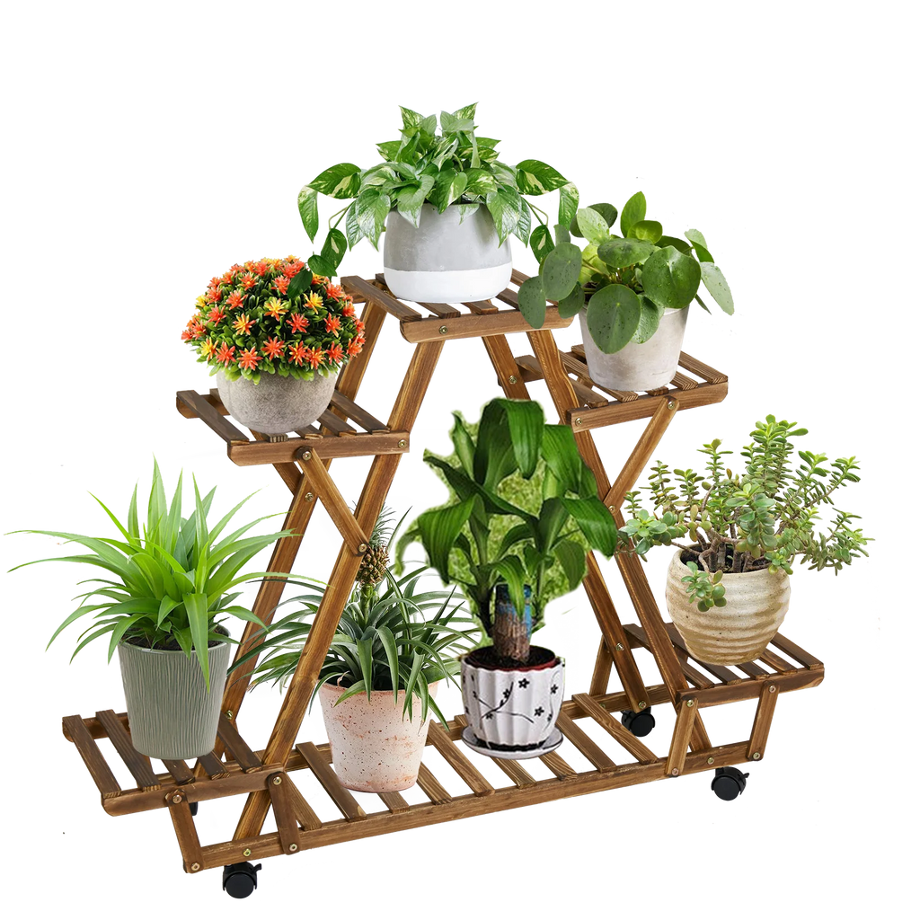 Triangular Plant Shelf 6 Potted Carbonized Wood Plant Holder Flower Pot Stand Display Storage Rack with Wheels for Garden