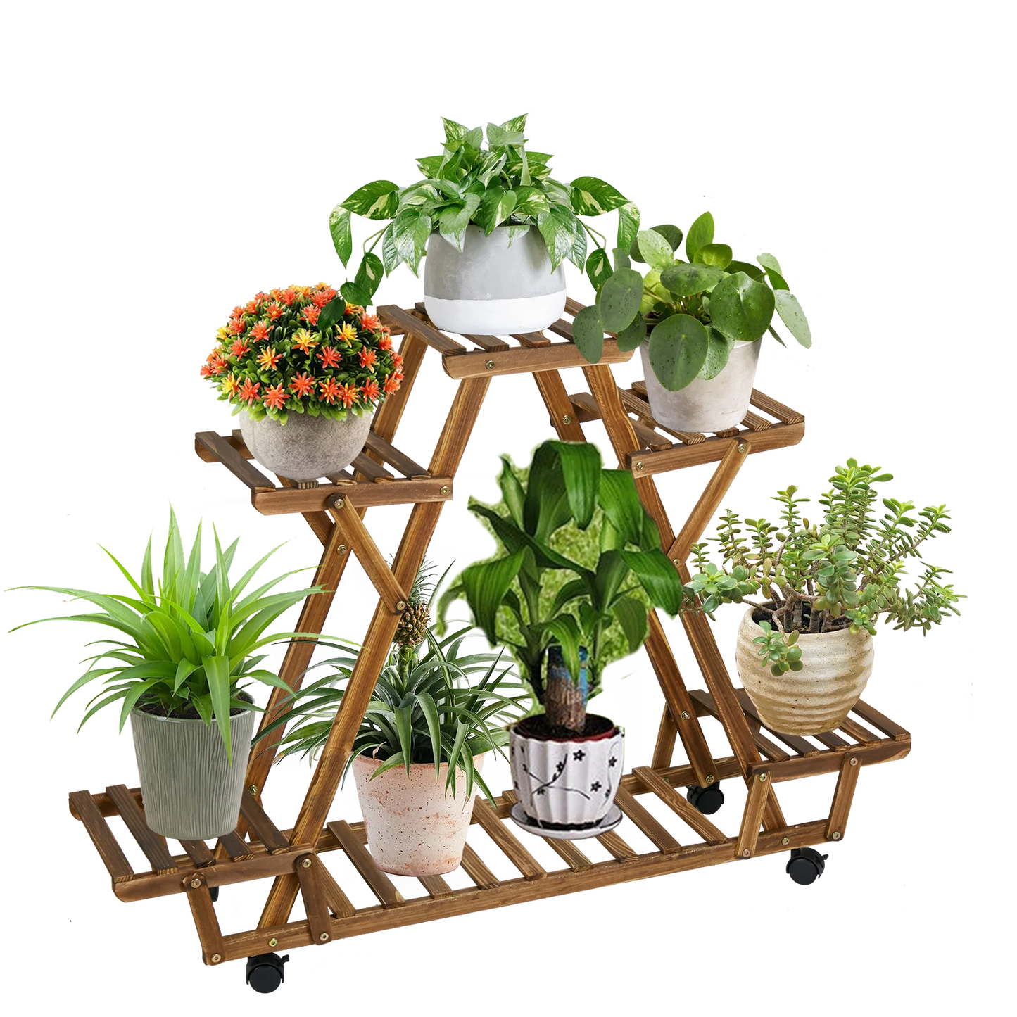Triangular Plant Shelf 6 Potted Carbonized Wood Plant Holder Flower Pot Stand Display Storage Rack with Wheels for Garden