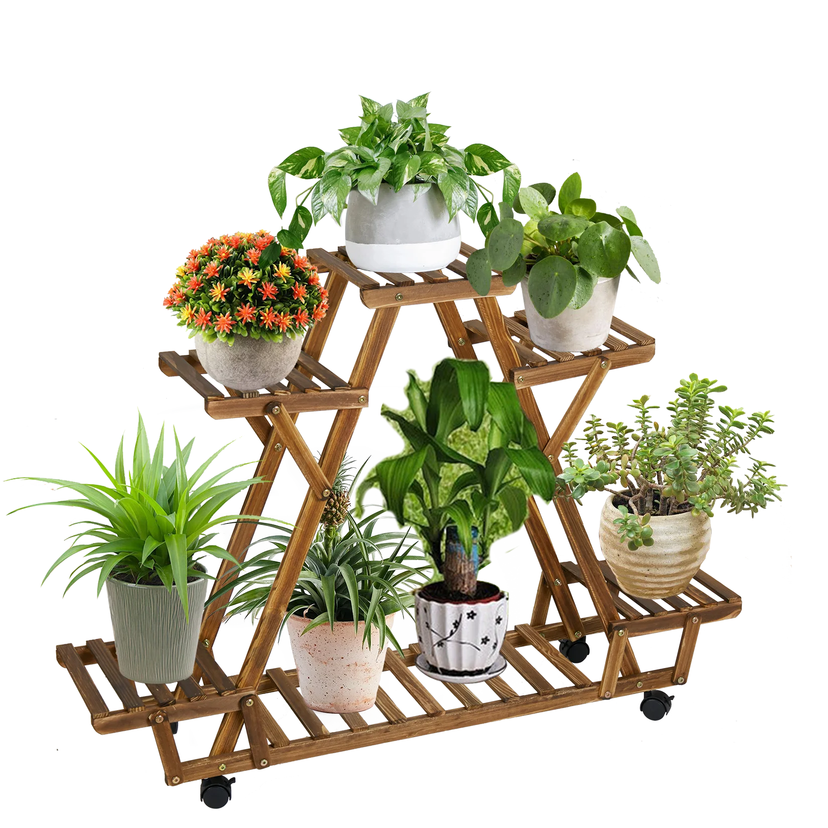 Triangular Plant Shelf 6 Potted Carbonized Wood Plant Holder Flower Pot Stand Display Storage Rack with Wheels for Garden